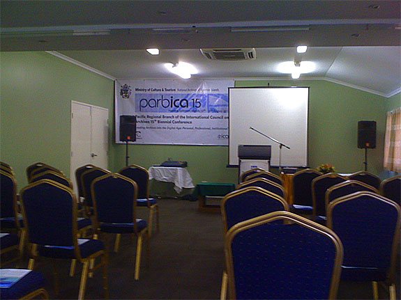 An empty conference room where all the sessions took place